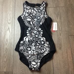 Jantzen one piece swimsuit black white floral UPF 50 Tummy Control NWT Size 10